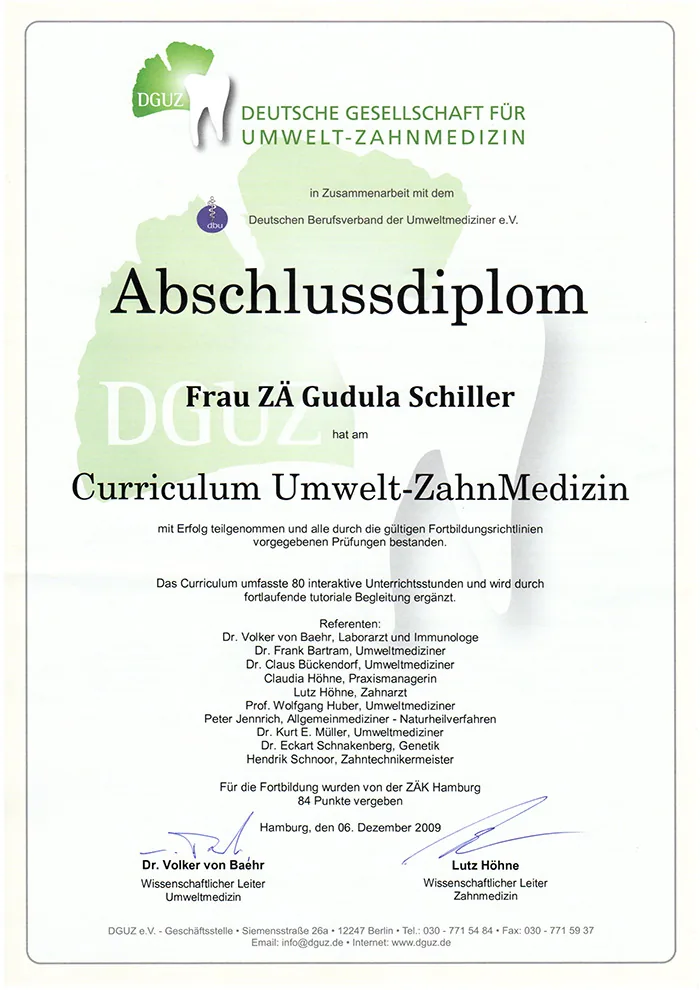 DEGUZ-Abschlussurkunde Curriculum Umwelt-ZahnMedizin von Gudula Schiller